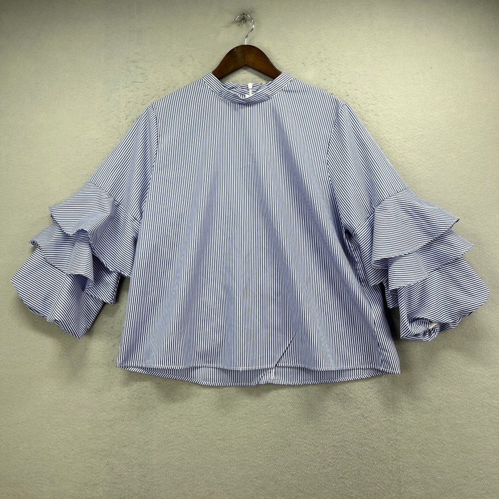 MELLODAY Blue and White Striped Ruffle Sleeve Blouse